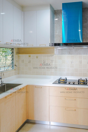 ชุดครัว Built-in โครงซีเมนต์บอร์ด หน้าบาน Laminate สี Thansau Mapple + ขาวเงา 0